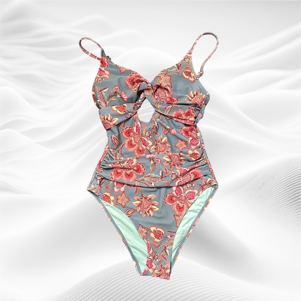 NWT Cupshe Blue Floral Twist One Piece Swimsuit Modest Tummy Control Bathing XS - Picture 3 of 12